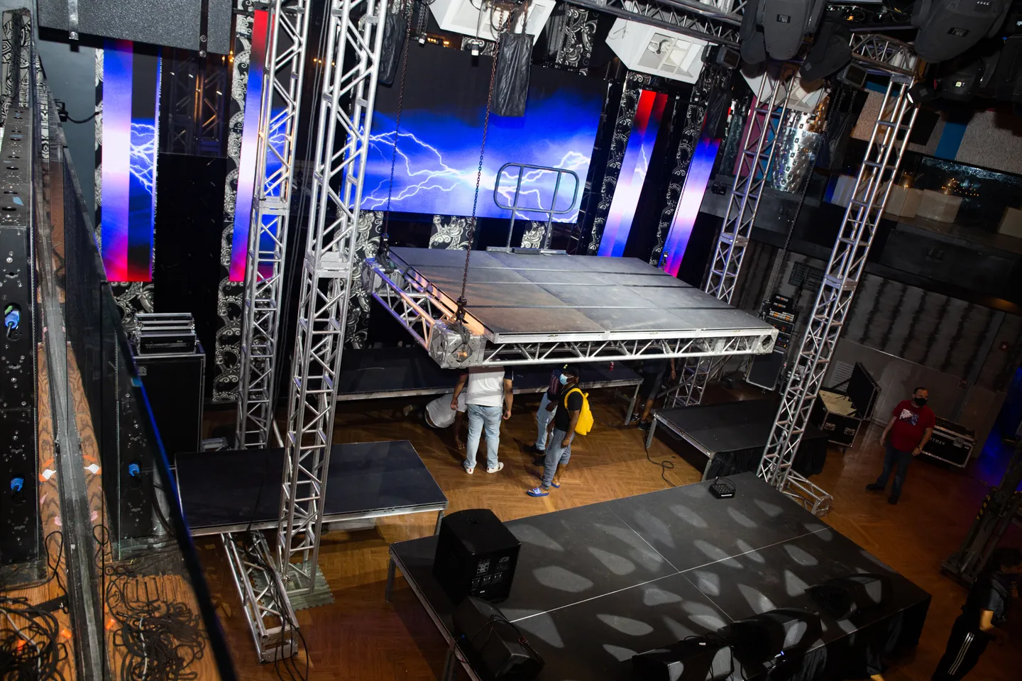 Production crew building a stage set